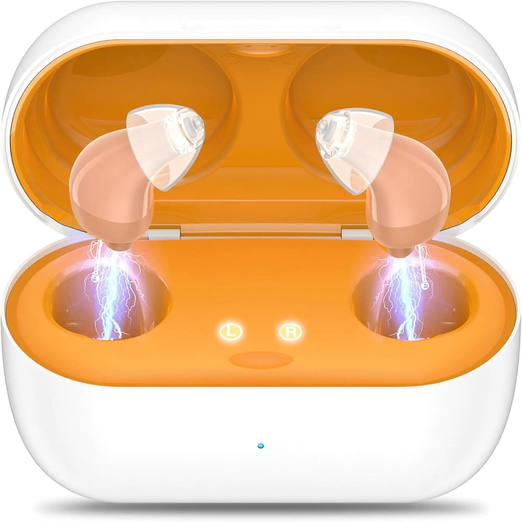 Hearing Aids (Not Amplifiers) Rechargeable Digital Hearing Aids for Seniors Noise Cancelling with 16-Channel Sound Processing Invisible Hearing Aids for Adults with Charging Case-TM-6116B（Skin）