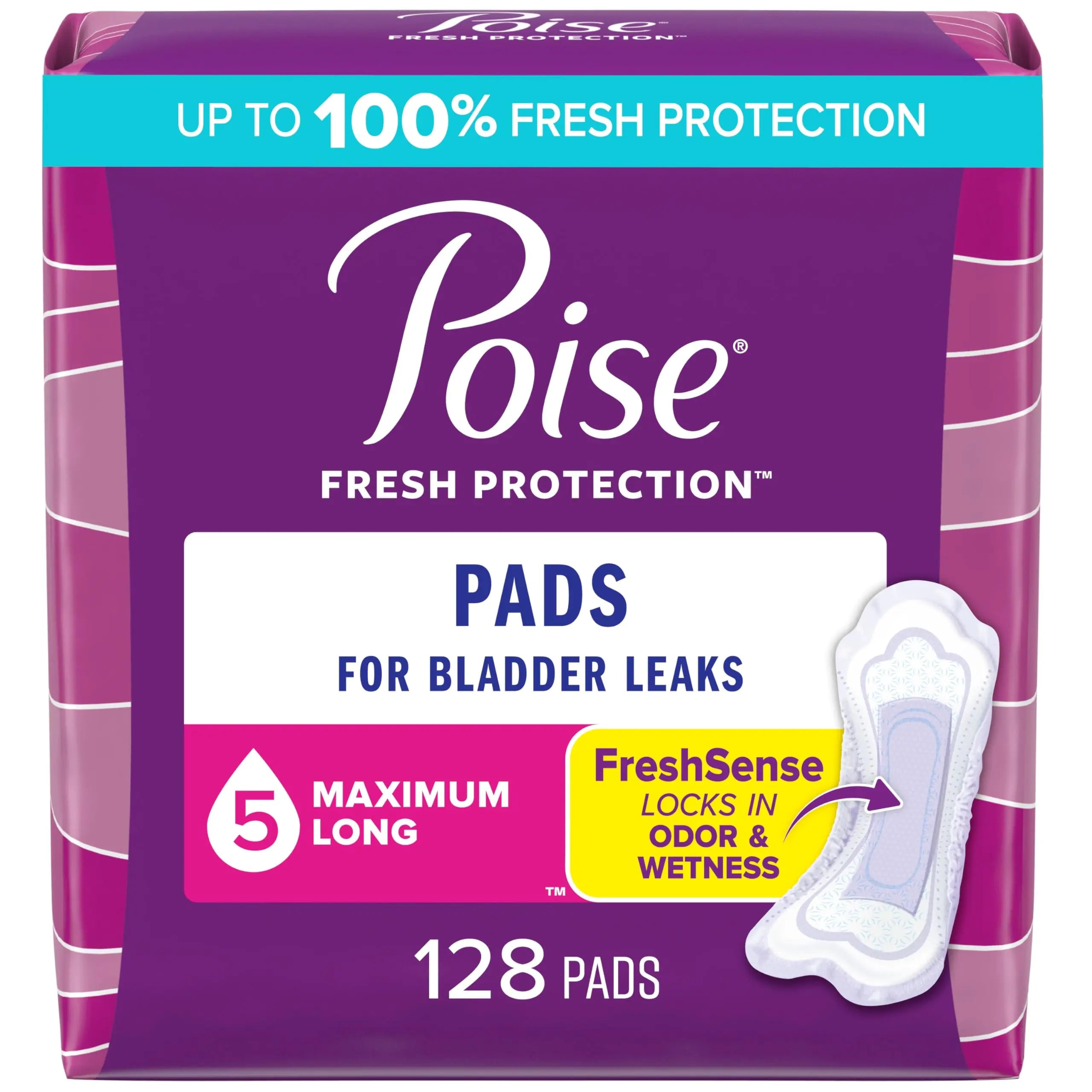 Poise Incontinence Pads & Postpartum Incontinence Pads 5 Drop Maximum Absorbency Long Length 128 Count Packaging May Vary