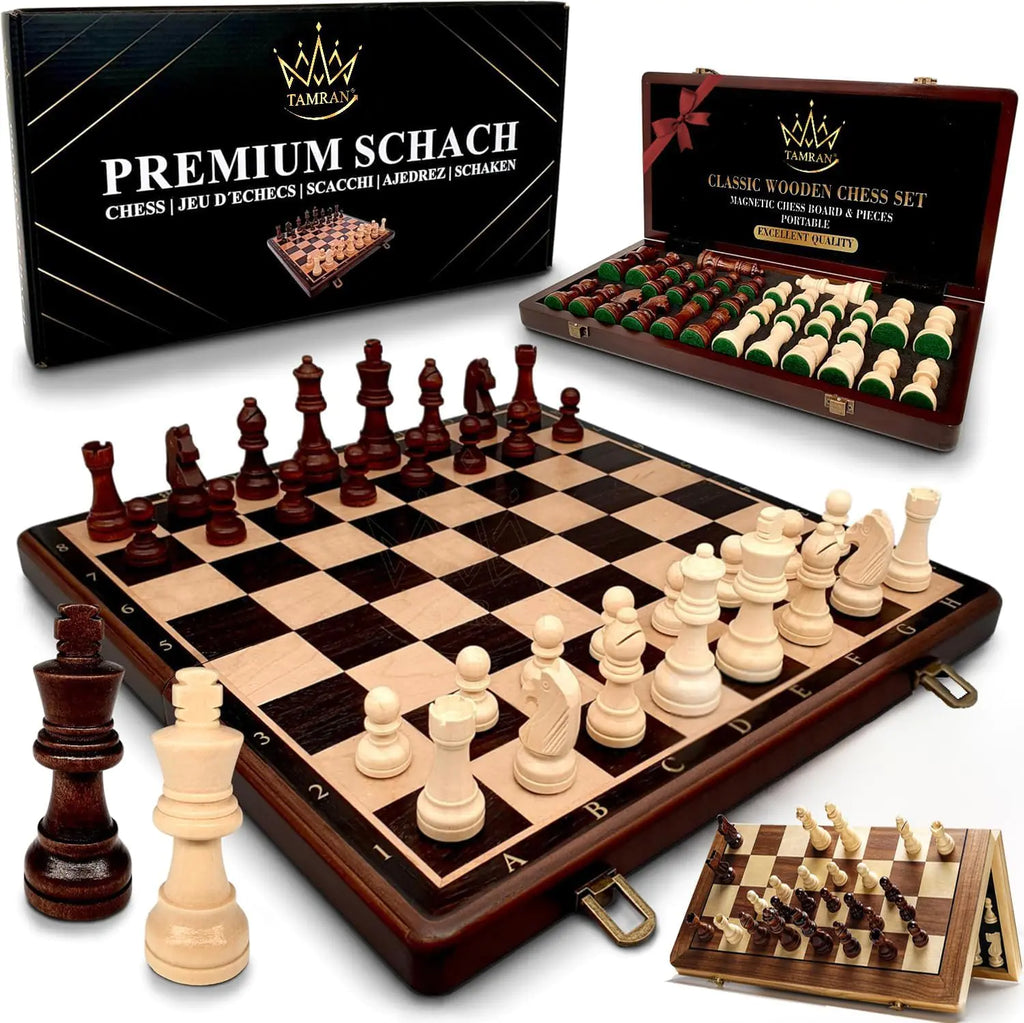 Magnetic Wooden Chess Board Game Set - 15 Inches Chess Sets for Adults and Kids Foldable Chess Board Game Handmade Portable Travel Chess Game Chess Set for Begginers and Pros (Walnut Color)