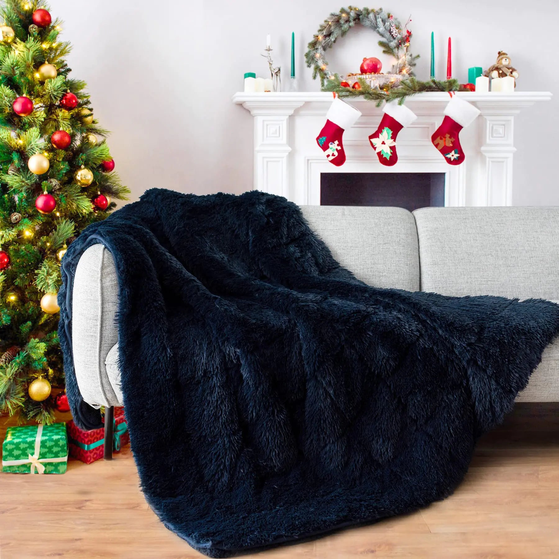 Sivio Weighted Blanket for Adults Luxury Shaggy Longfur Weighted Blanket 15 Pounds Super Soft Cozy Sherpa Weighted Blanket Full Size for Couch for Women Deep Sleep and Calm 48"x72" Navy Blue