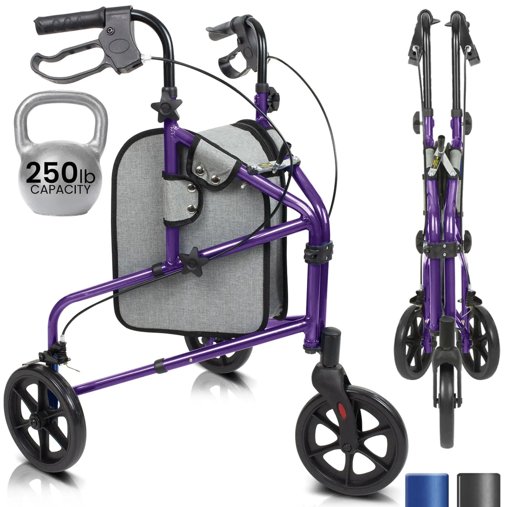 Vive Mobility 3 Wheel Walker - Three Wheeled Rollator for Seniors - Lightweight Foldable Narrow Heavy Duty - for Elderly Men Women - Folding 3-Wheel Tri Scooter with Basket Bag (FSA HSA Approved)