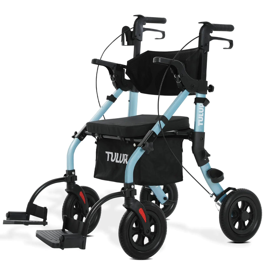 All Terrain Walker Wheelchair ComboRollator Walker with Seat for Seniors with FootrestTransport-Wheelchair Combo2 in 1 Rolling Walker Chair with Wide Backrest by Tulur (Blue)