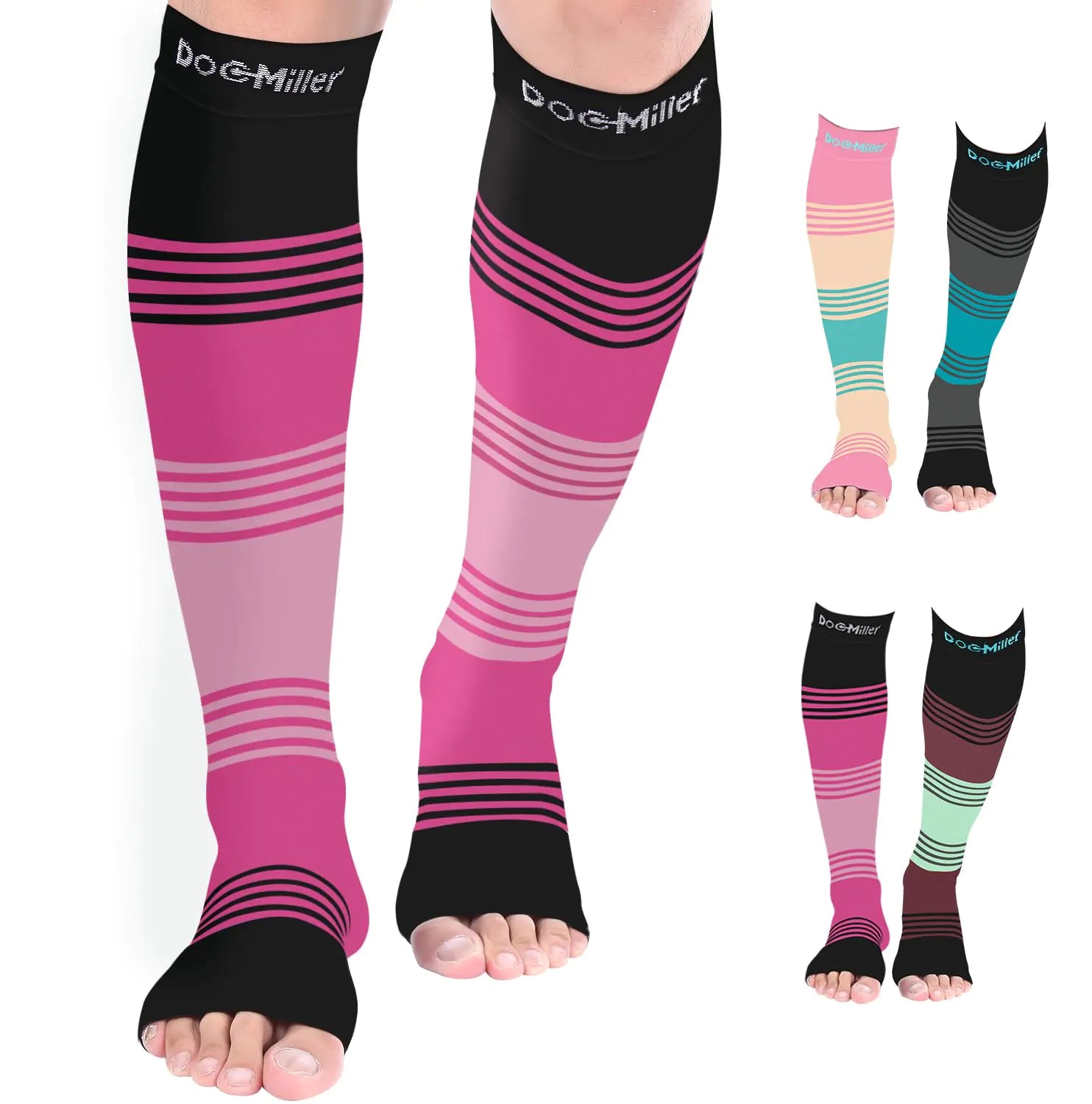 Doc Miller Open Toe Compression Socks 15-20mmHg Toeless Socks Support Circulation Shin Splints Post Op Medical Grade Knee High Dress Compression Socks for Men & Women